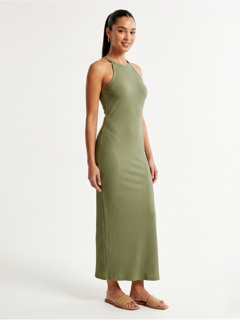 Classic Ribbed Olive Green Maxi Dress